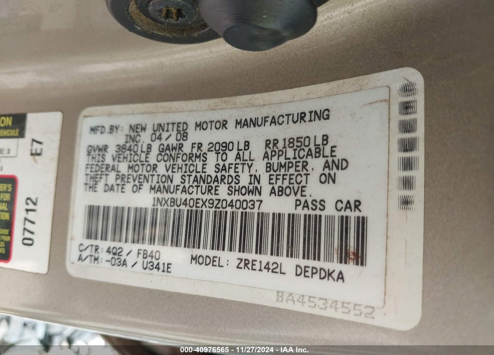2009 TOYOTA COROLLA LE VIN: 1NXBU40EX9Z040037