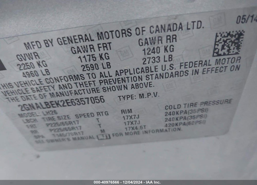 2014 CHEVROLET EQUINOX 1LT VIN: 2GNALBEK2E6357056