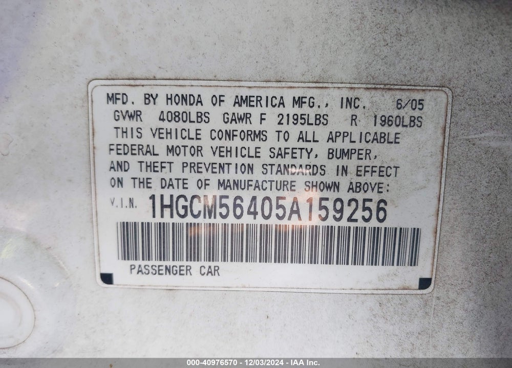 2005 HONDA ACCORD 2.4 LX VIN: 1HGCM56405A159256