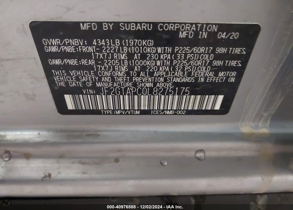2020 SUBARU CROSSTREK PREMIUM VIN: JF2GTAPC0L8275175