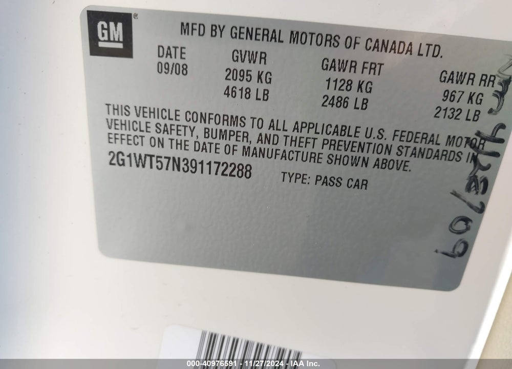 2009 CHEVROLET IMPALA LT VIN: 2G1WT57N391172288