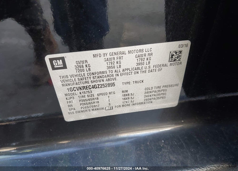 2016 CHEVROLET SILVERADO 1500 2LT VIN: 1GCVKREC4GZ252895