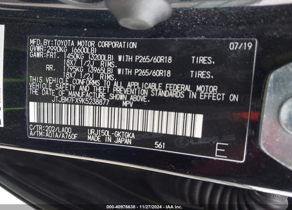 2019 LEXUS GX 460 PREMIUM VIN: JTJBM7FX9K5238877