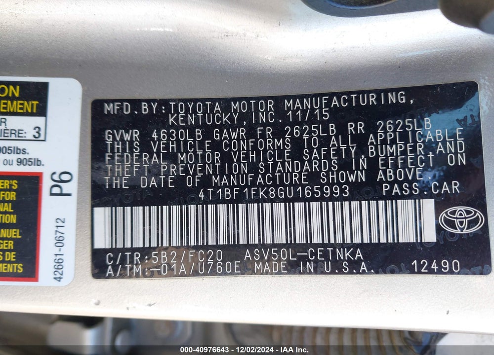 2016 TOYOTA CAMRY LE VIN: 4T1BF1FK8GU165993