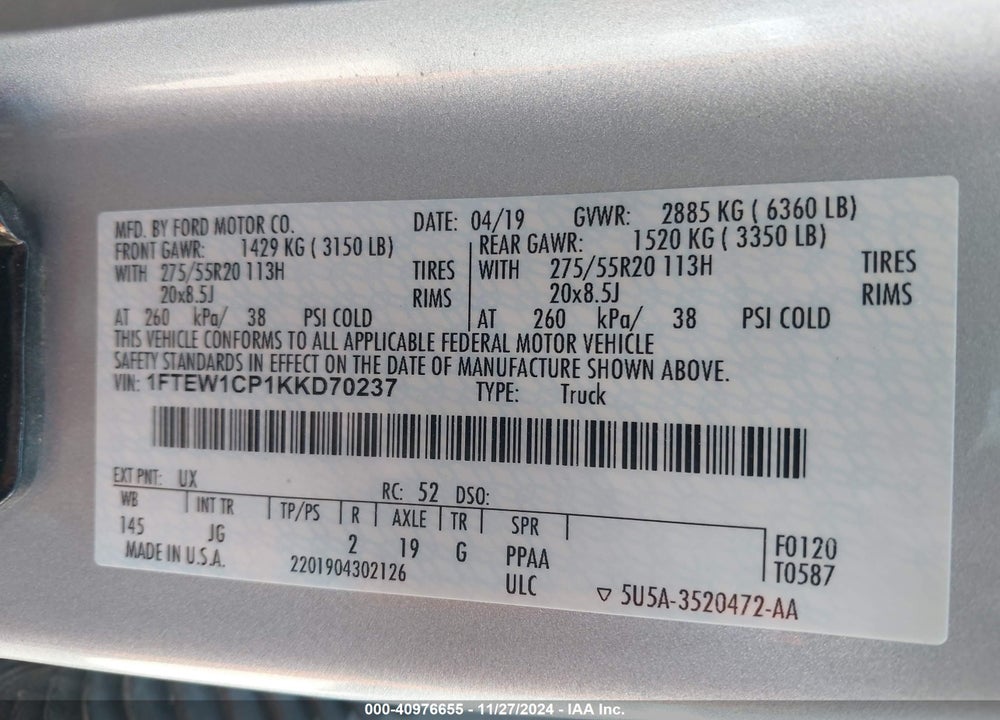 2019 FORD F-150 VIN: 1FTEW1CP1KKD70237
