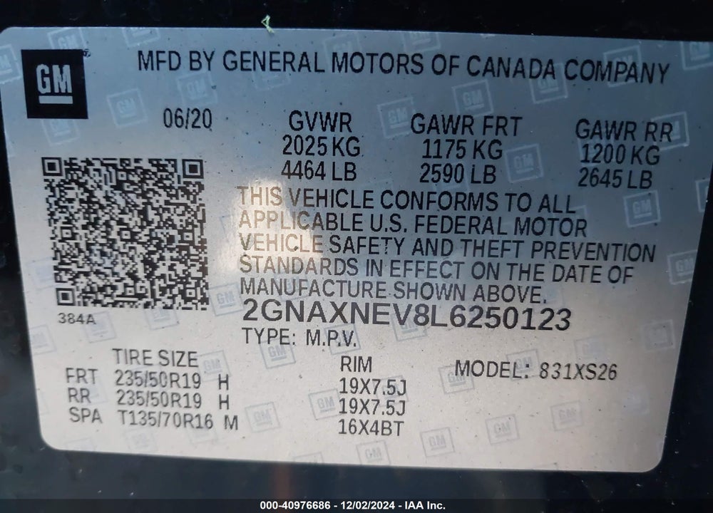 2020 CHEVROLET EQUINOX FWD PREMIER 1.5L TURBO VIN: 2GNAXNEV8L6250123