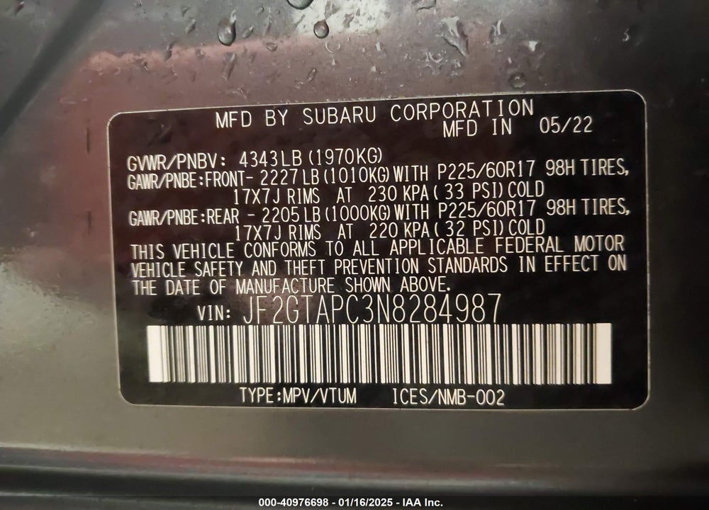 2022 SUBARU CROSSTREK PREMIUM VIN: JF2GTAPC3N8284987
