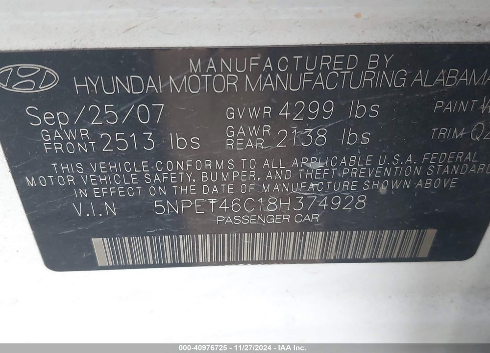 2008 HYUNDAI SONATA GLS VIN: 5NPET46C18H374928