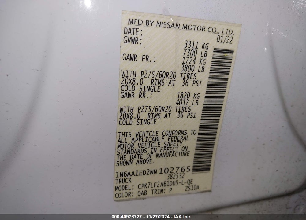 2022 NISSAN TITAN PLATINUM RESERVE 4X4 VIN: 1N6AA1ED2NN102765