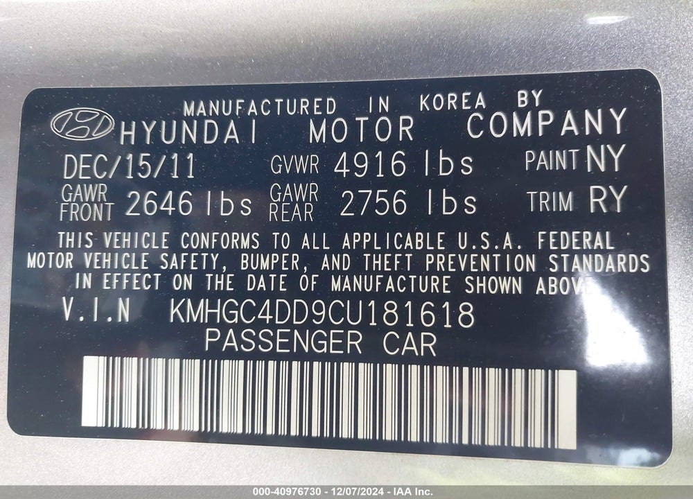 2012 HYUNDAI GENESIS VIN: KMHGC4DD9CU181618