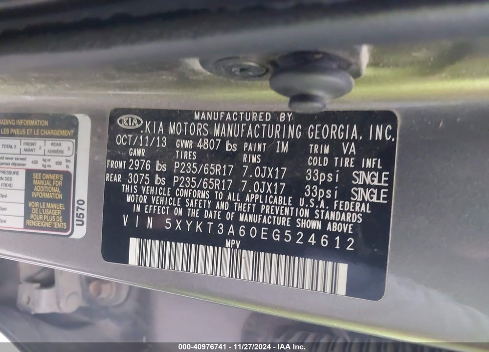 2014 KIA SORENTO LX VIN: 5XYKT3A60EG524612