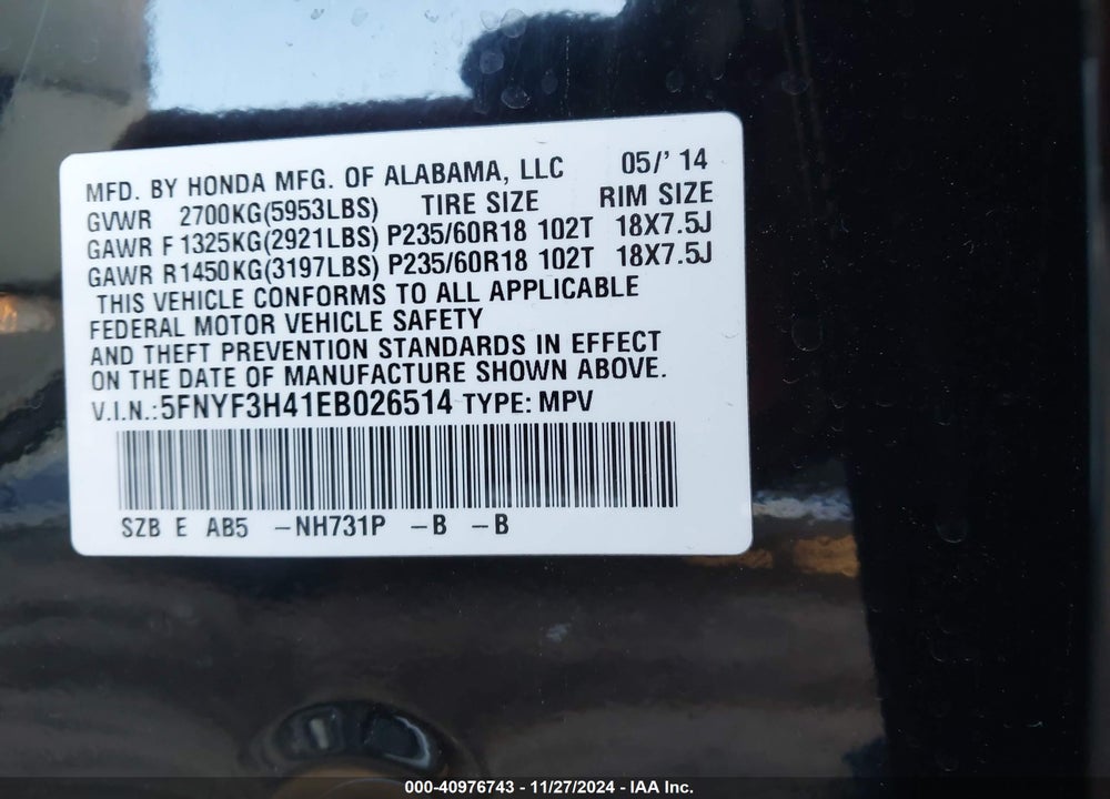 2014 HONDA PILOT EX VIN: 5FNYF3H41EB026514