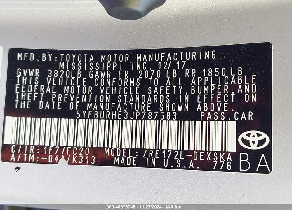 2018 TOYOTA COROLLA SE VIN: 5YFBURHE3JP787583