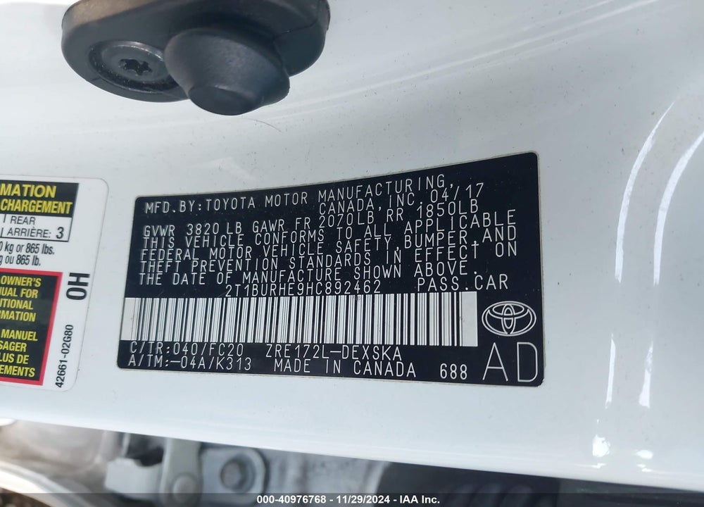 2017 TOYOTA COROLLA SE VIN: 2T1BURHE9HC892462