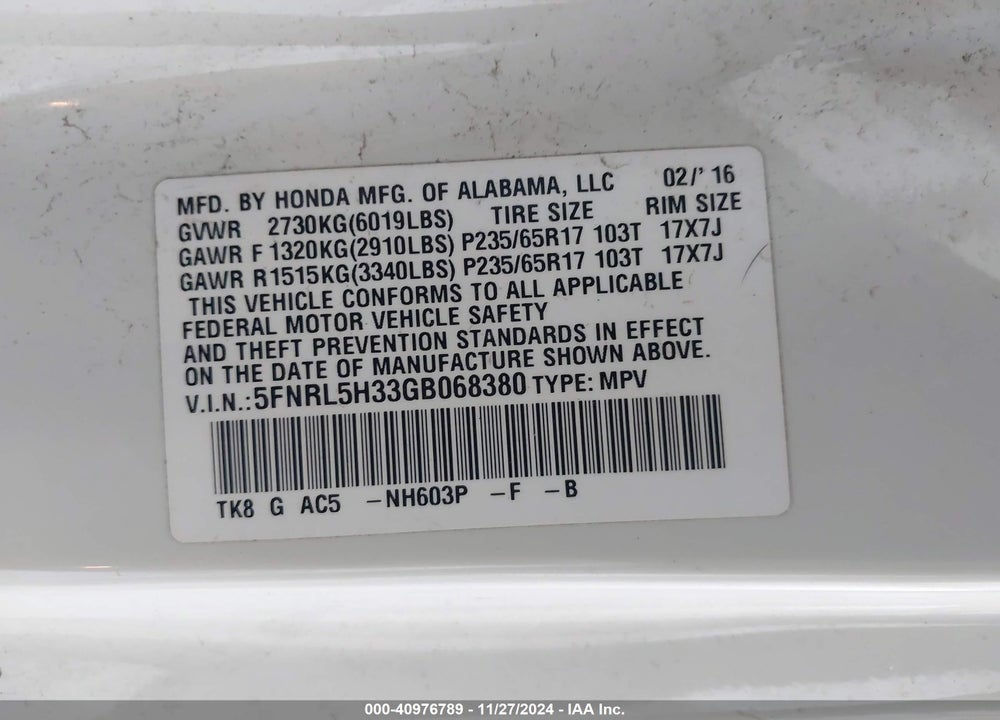 2016 HONDA ODYSSEY SE VIN: 5FNRL5H33GB068380