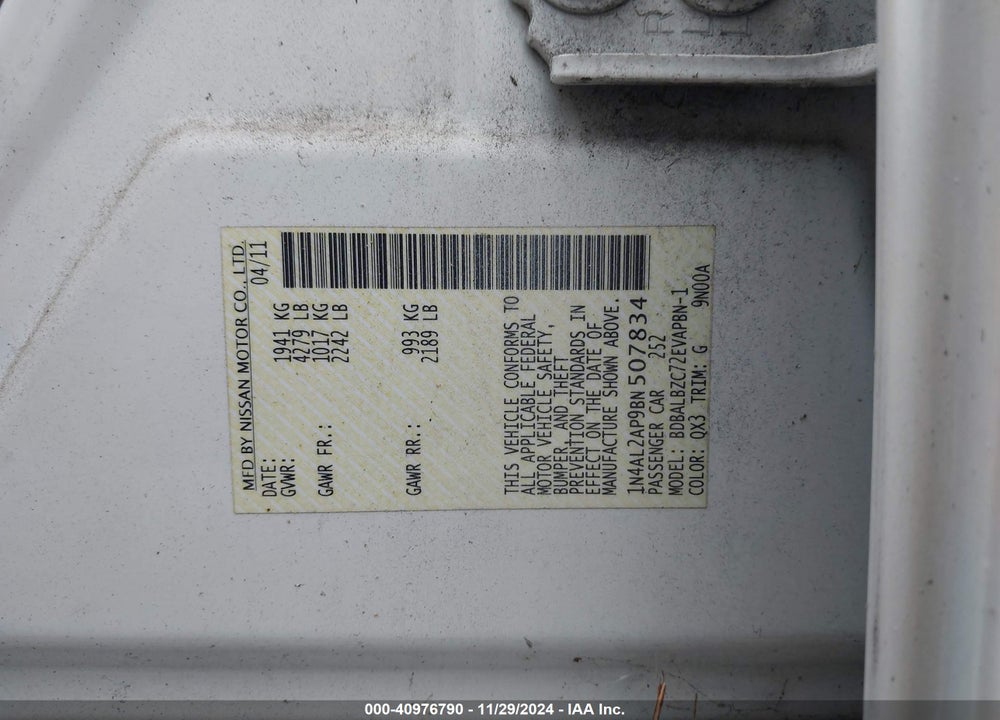2011 NISSAN ALTIMA 2.5 S VIN: 1N4AL2AP9BN507834