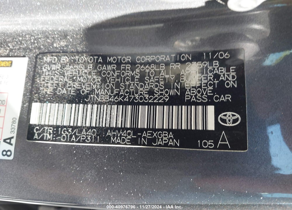 2007 TOYOTA CAMRY HYBRID VIN: JTNBB46K473032229
