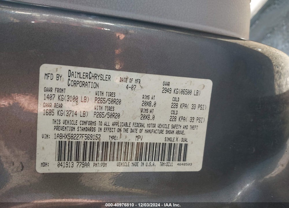 2007 CHRYSLER ASPEN LIMITED VIN: 1A8HX58227F569157