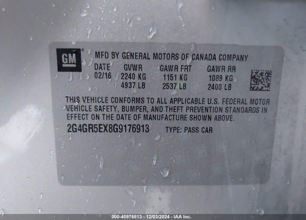 2016 BUICK REGAL TURBO PREMIUM I VIN: 2G4GR5EX8G9176913