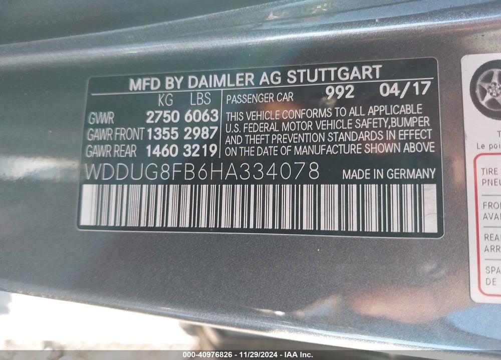 2017 MERCEDES-BENZ S VIN: WDDUG8FB6HA334078