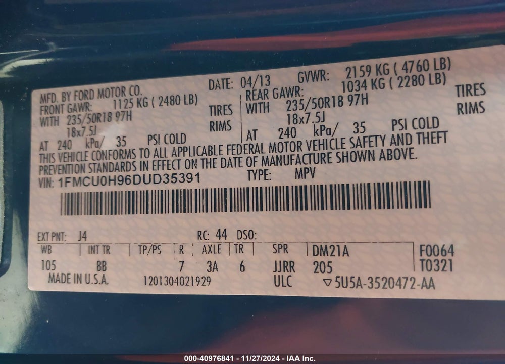 2013 FORD ESCAPE SEL VIN: 1FMCU0H96DUD35391