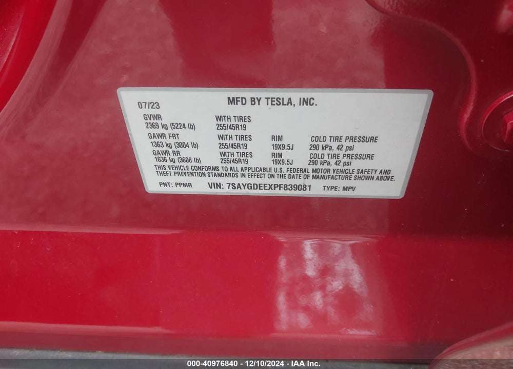 2023 TESLA MODEL Y VIN: 7SAYGDEEXPF839081