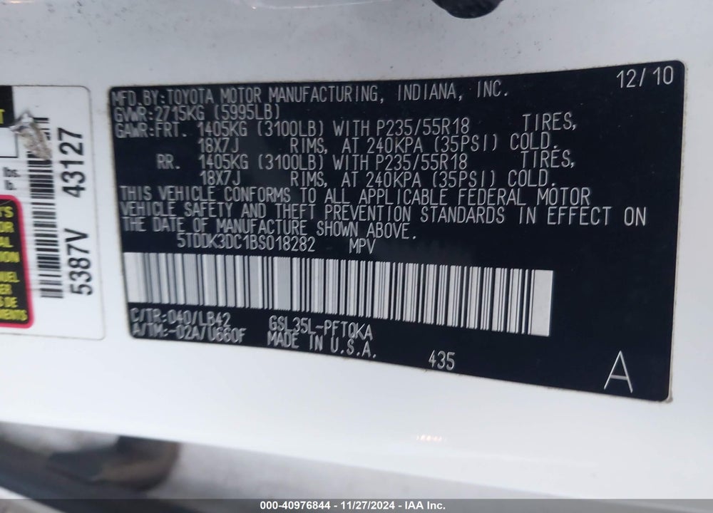 2011 TOYOTA SIENNA XLE VIN: 5TDDK3DC1BS018282