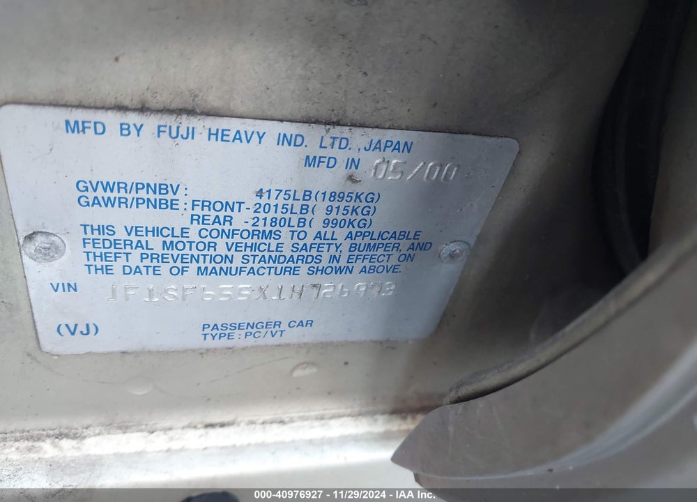2001 SUBARU FORESTER S VIN: JF1SF655X1H726973