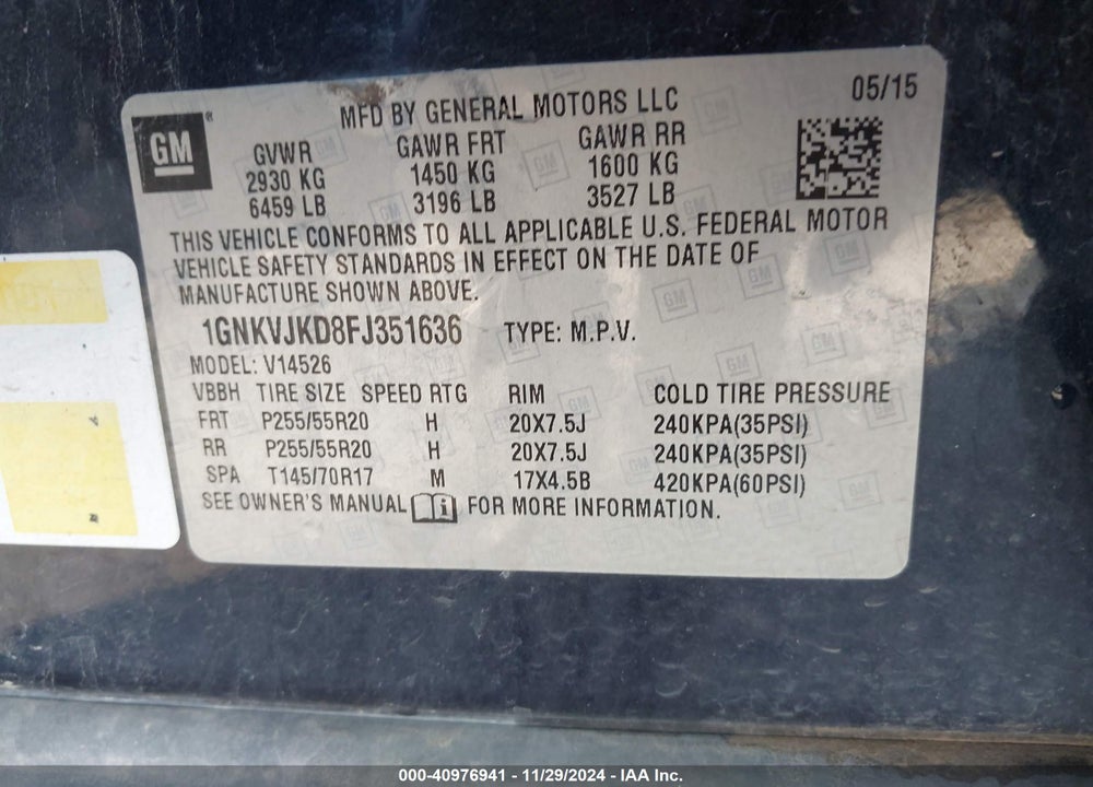 2015 CHEVROLET TRAVERSE LTZ VIN: 1GNKVJKD8FJ351636