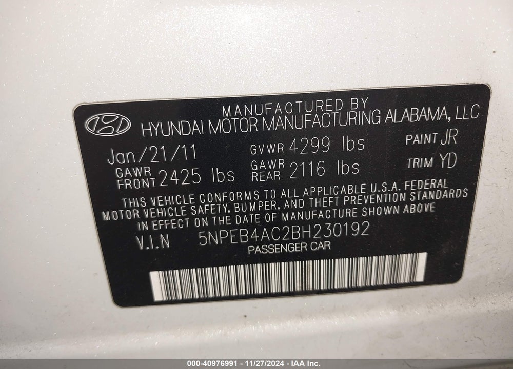 2011 HYUNDAI SONATA VIN: 5NPEB4AC2BH230192
