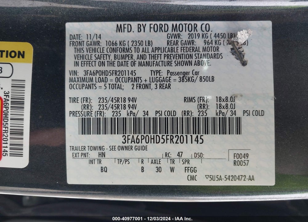 2015 FORD FUSION SE VIN: 3FA6P0HD5FR201145