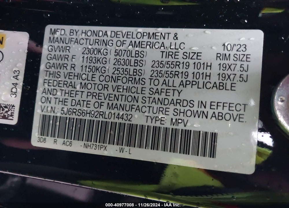 2024 HONDA CR-V HYBRID SPORT TOURING VIN: 5J6RS6H92RL014432
