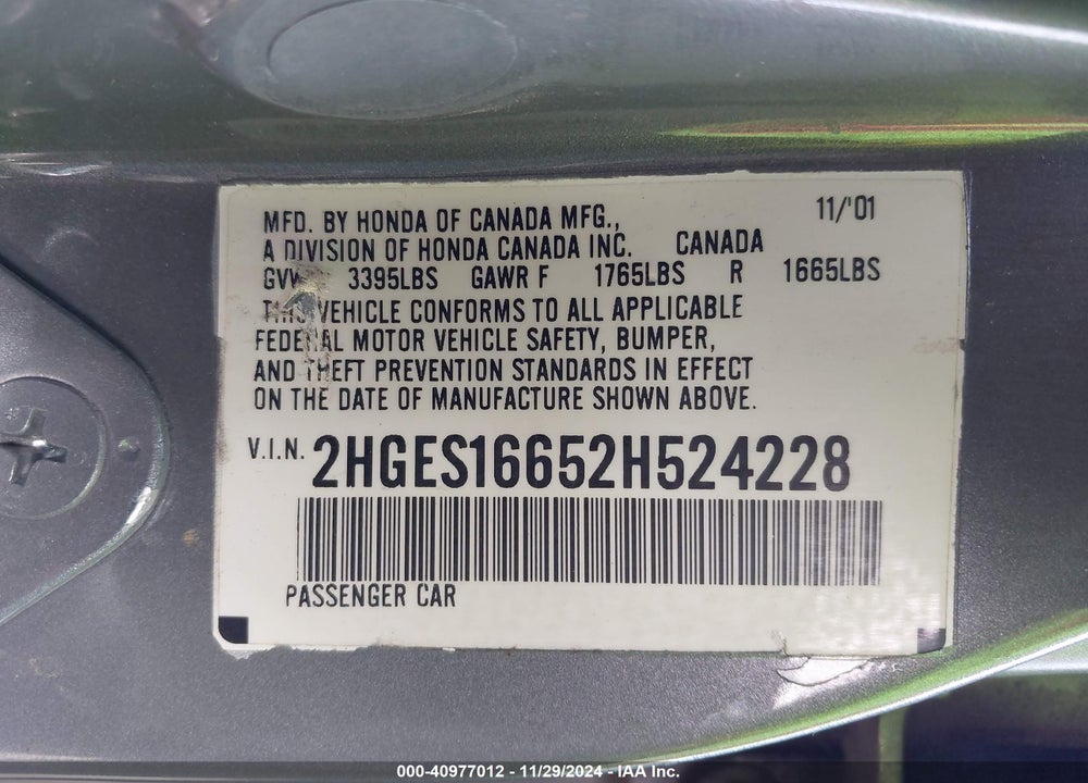 2002 HONDA CIVIC LX VIN: 2HGES16652H524228