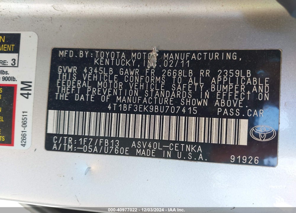 2011 TOYOTA CAMRY LE VIN: 4T1BF3EK9BU707415