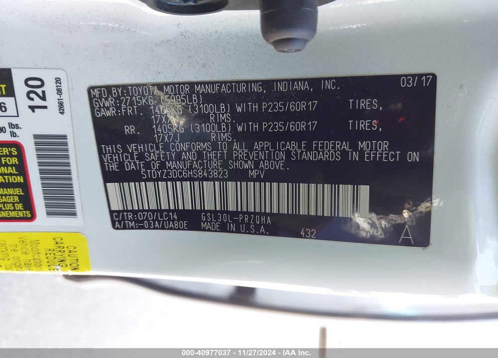 2017 TOYOTA SIENNA XLE LIMITED VIN: 5TDYZ3DC6HS843823