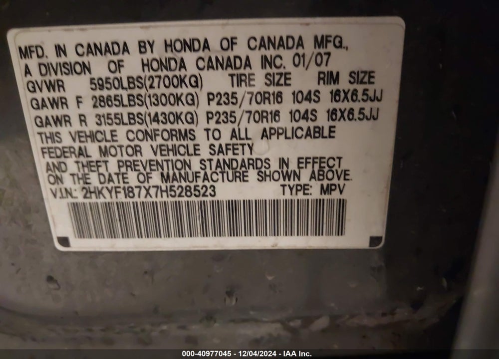 2007 HONDA PILOT VIN: 2HKYF187X7H528523