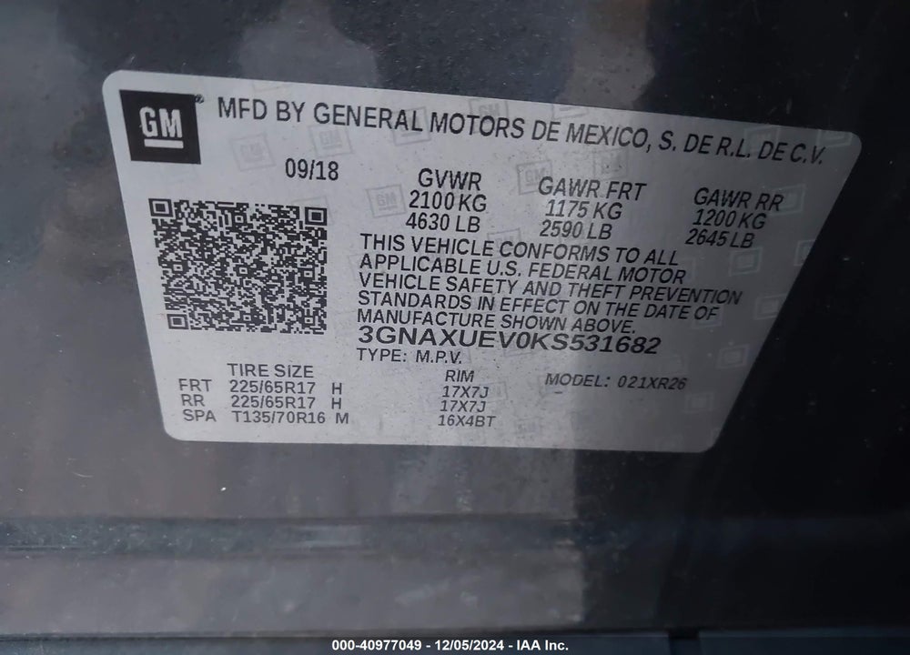 2019 CHEVROLET EQUINOX LT VIN: 3GNAXUEV0KS531682