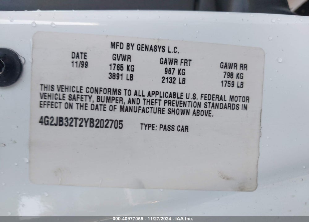 2000 PONTIAC SUNFIRE GT VIN: 4G2JB32T2YB202705