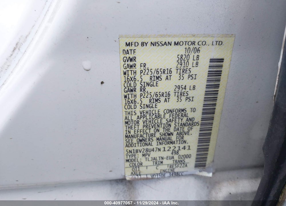 2007 NISSAN QUEST 3.5 SL VIN: 5N1BV28U47N122141