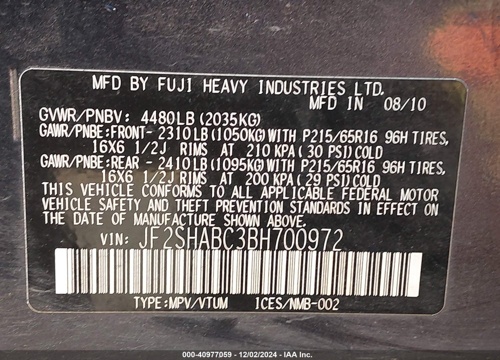 2011 SUBARU FORESTER 2.5X VIN: JF2SHABC3BH700972
