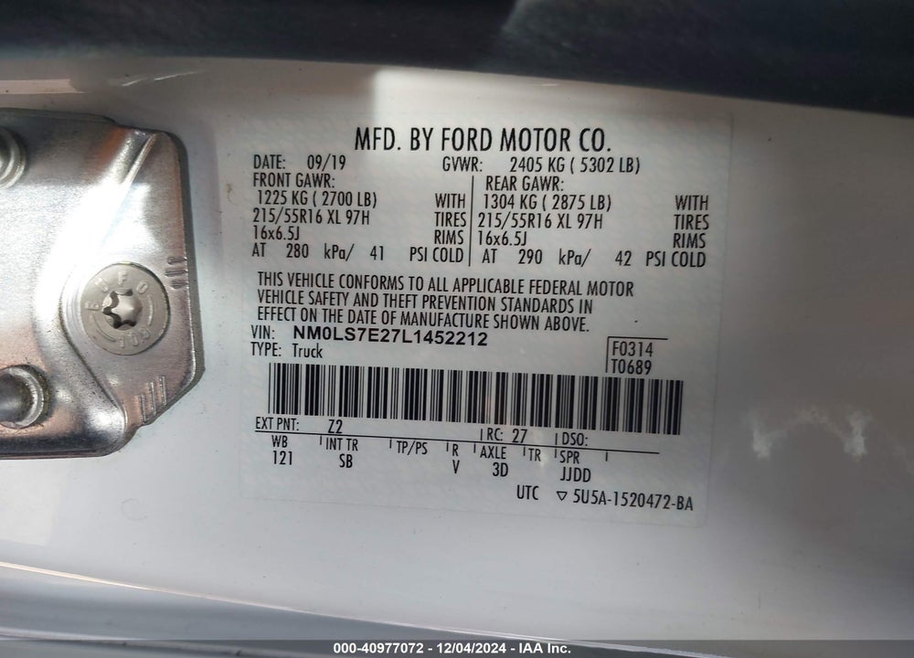 2020 FORD TRANSIT CONNECT XL CARGO VAN VIN: NM0LS7E27L1452212