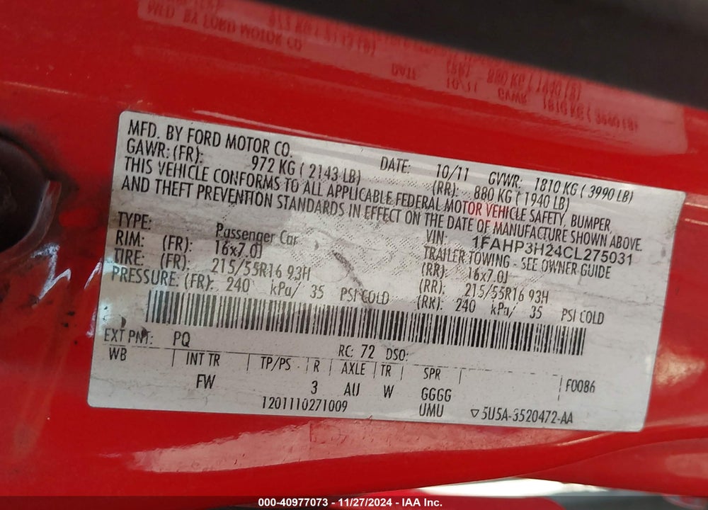 2012 FORD FOCUS SEL VIN: 1FAHP3H24CL275031