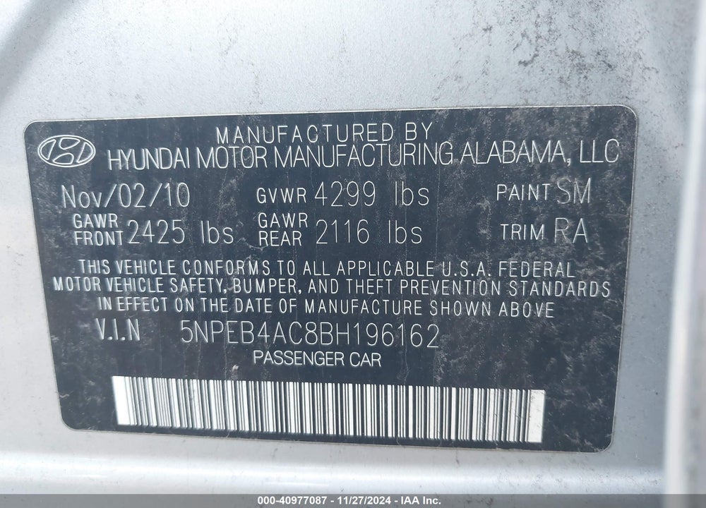2011 HYUNDAI SONATA VIN: 5NPEB4AC8BH196162