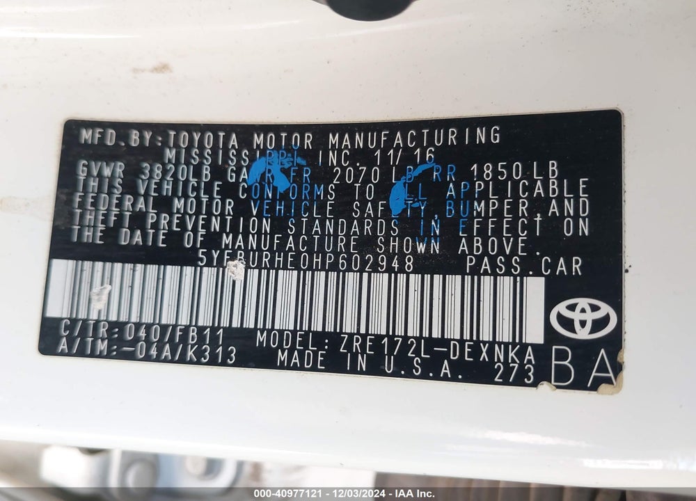 2017 TOYOTA COROLLA VIN: 5YFBURHE0HP602948