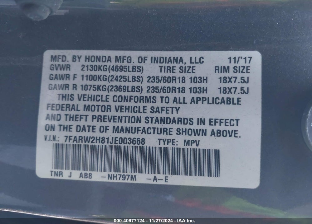 2018 HONDA CR-V EX-L/EX-L NAVI VIN: 7FARW2H81JE003668