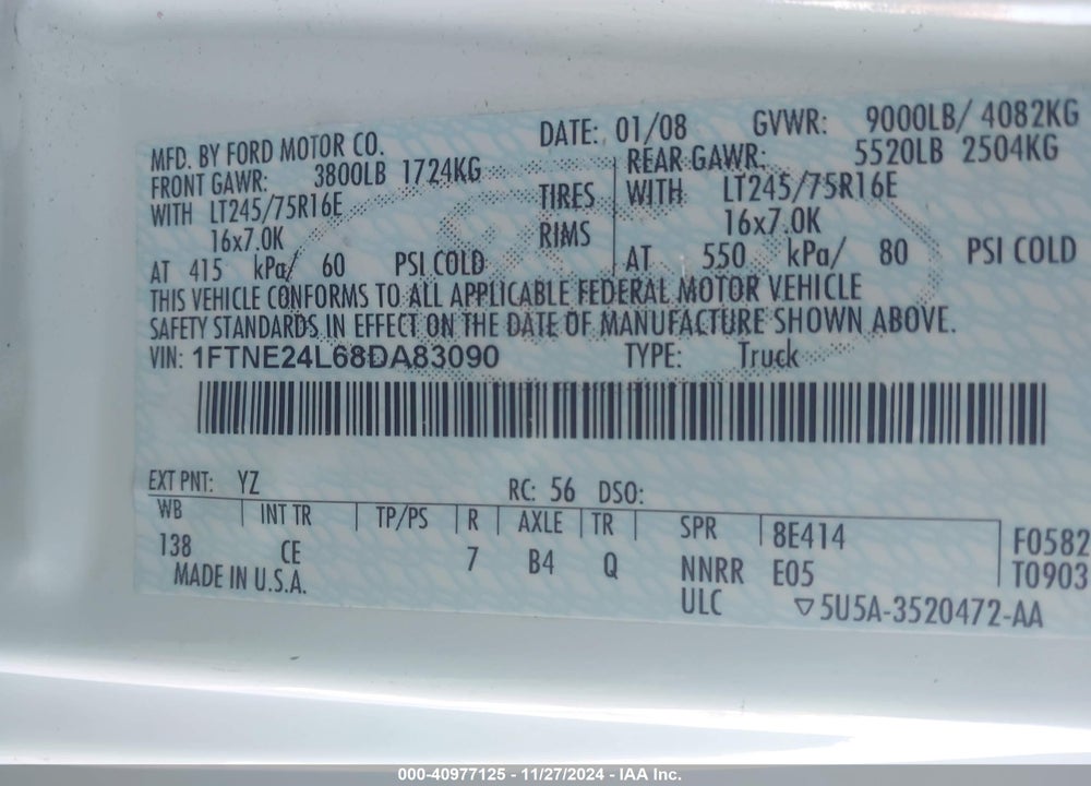 2008 FORD E-250 VIN: 1FTNE24L68DA83090