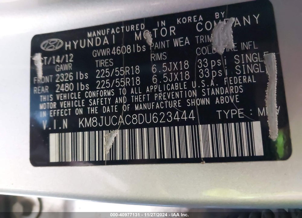 2013 HYUNDAI TUCSON LIMITED VIN: KM8JUCAC8DU623444