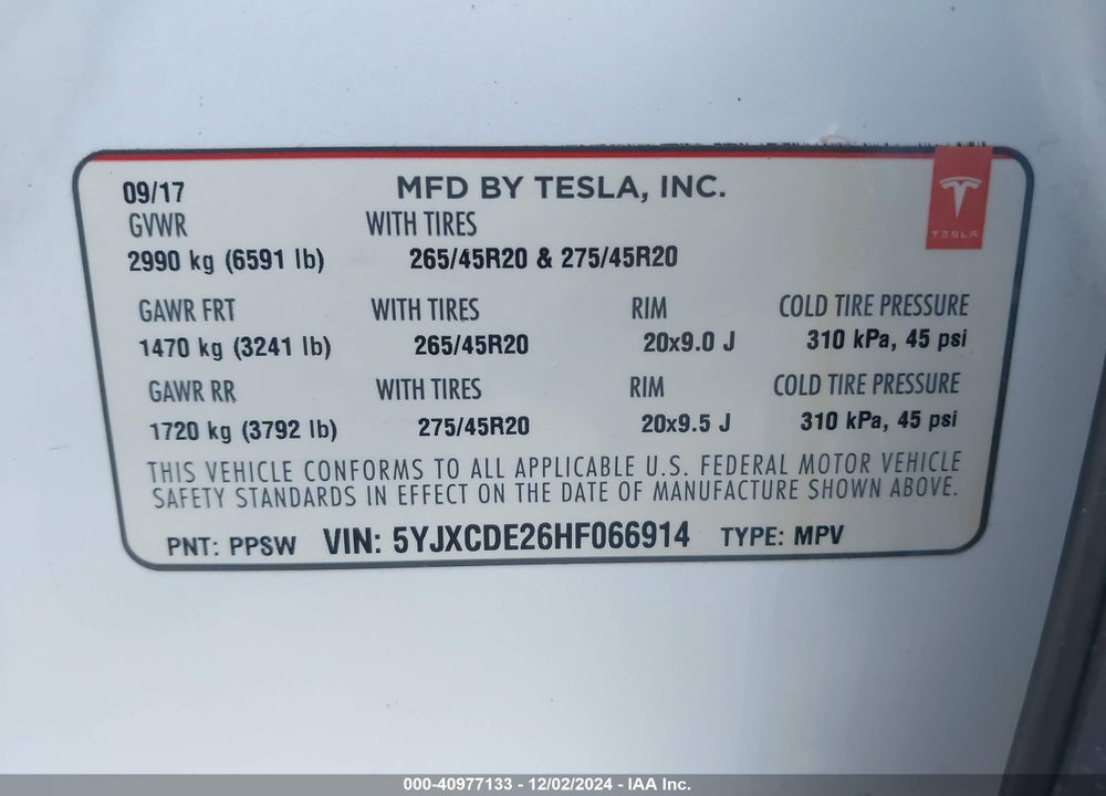 2017 TESLA MODEL X 100D/75D/90D VIN: 5YJXCDE26HF066914