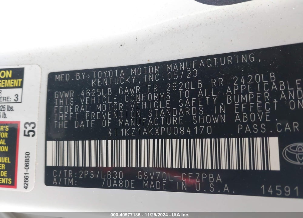 2023 TOYOTA CAMRY XSE V6 VIN: 4T1KZ1AKXPU084170