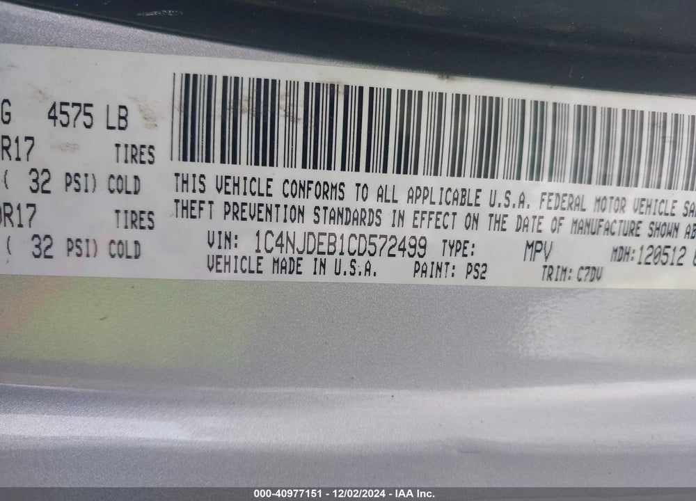 2012 JEEP COMPASS LATITUDE VIN: 1C4NJDEB1CD572499